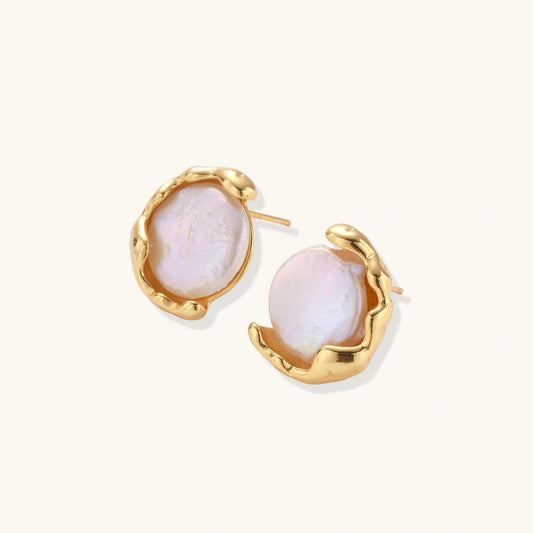 Gold vermeil studs with lustrous pink freshwater pearls in organic crescent settings