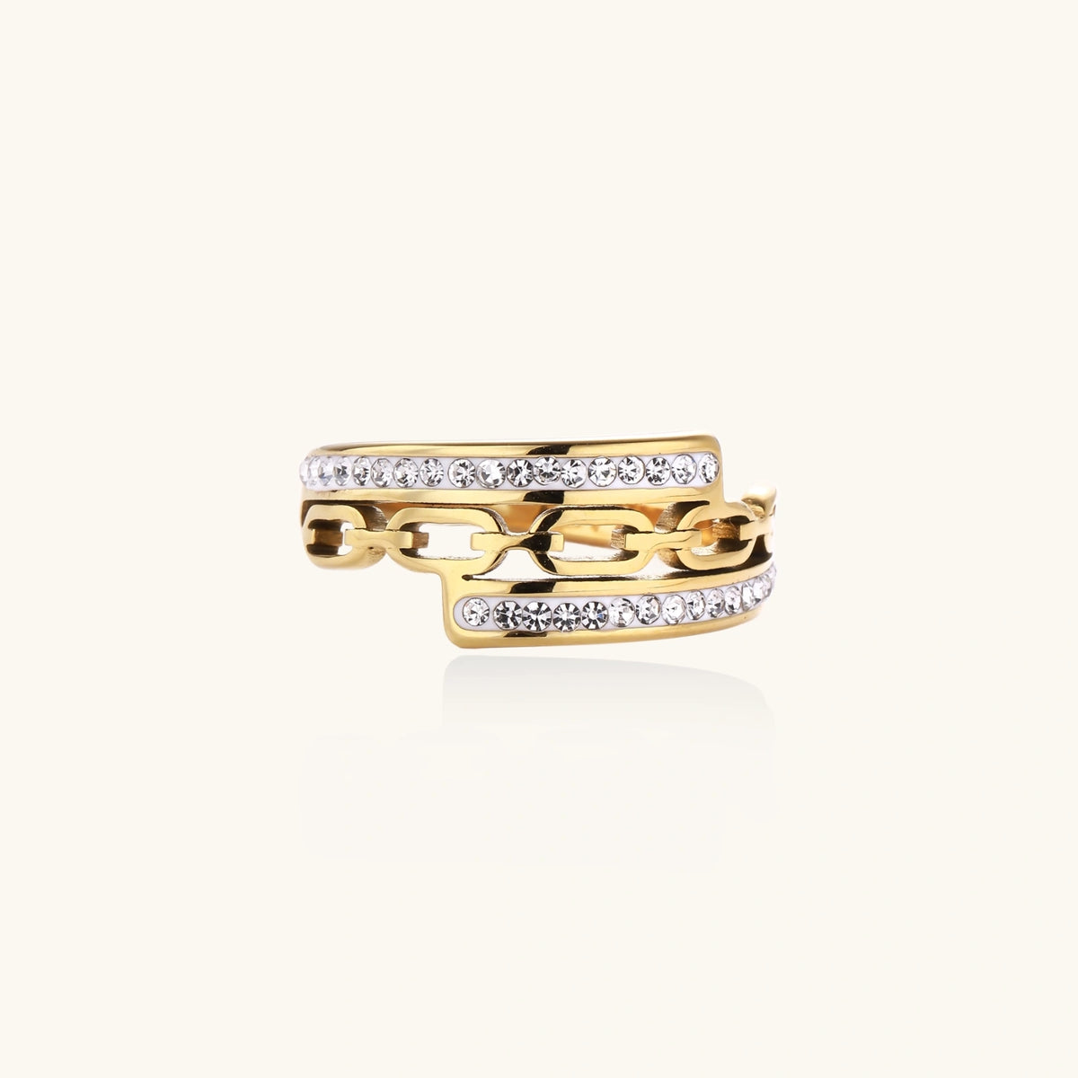 Gold-plated stainless steel ring with geometric chain link design flanked by two rows of clear rhinestones